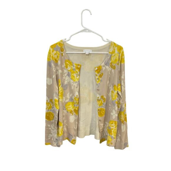 Charter Club Womens Cardigan Sweater Yellow Floral Size Large Preppy Office - Picture 2 of 6